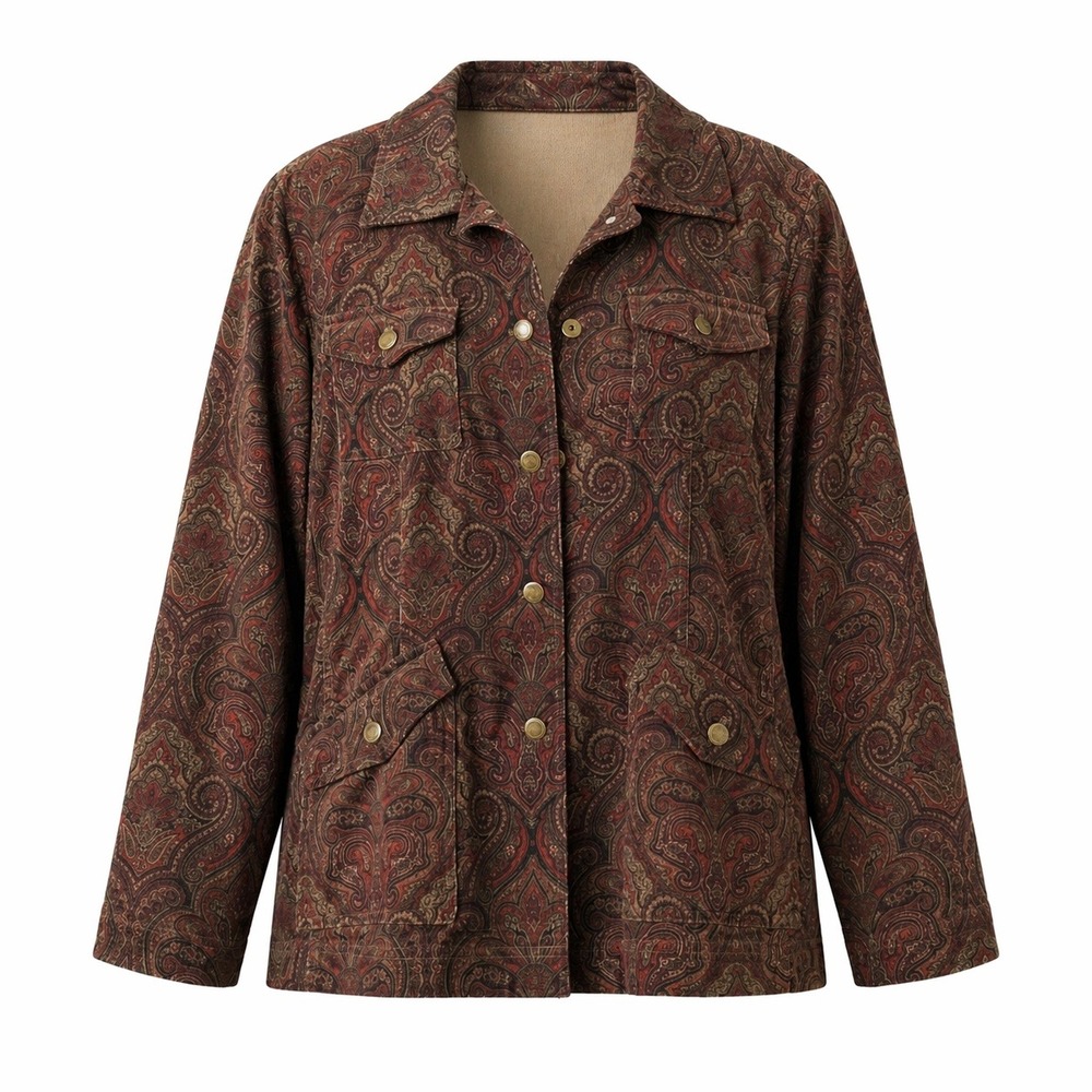 Jones New York Woman Brown Paisley Corduroy Trucker Jacket Plus 1X Stretch 90s